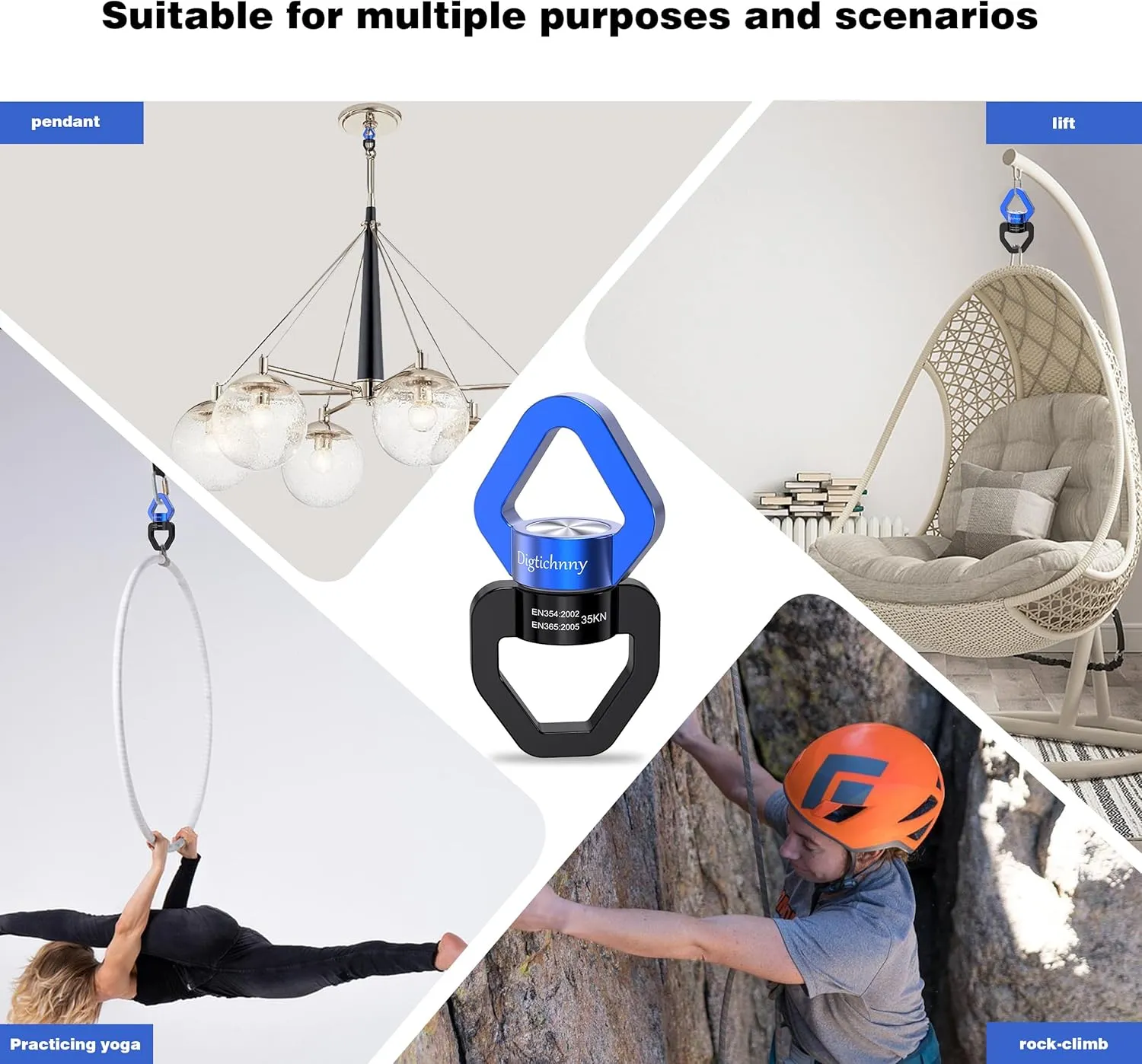 2 Pack Swing Swivel Heavy Duty, Spinning Swing Swivels,35KN Capacity,for Aerial Silk,Rock Climing Swivel, Children's Swings,Black Blue