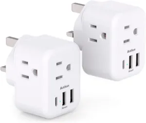 2 Pack US to UK Ireland Travel Plug Adapter, Addtam Type G Power Outlet Adapter with 3 AC Outlets and 3 USB, Travel Essentials for USA to Dubai Scotland British London England Hong Kong Irish
