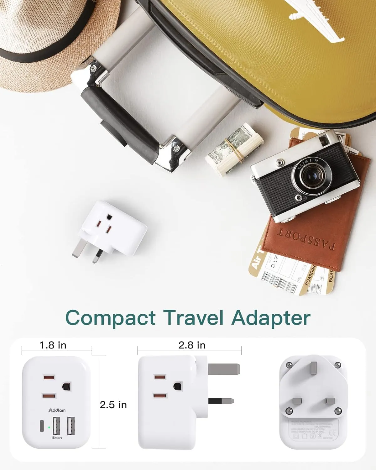 2 Pack US to UK Ireland Travel Plug Adapter, Addtam Type G Power Outlet Adapter with 3 AC Outlets and 3 USB, Travel Essentials for USA to Dubai Scotland British London England Hong Kong Irish
