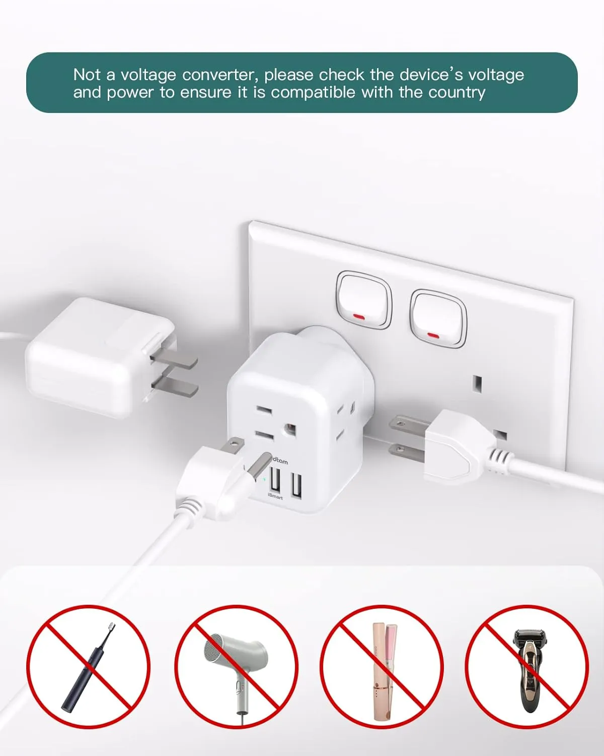2 Pack US to UK Ireland Travel Plug Adapter, Addtam Type G Power Outlet Adapter with 3 AC Outlets and 3 USB, Travel Essentials for USA to Dubai Scotland British London England Hong Kong Irish