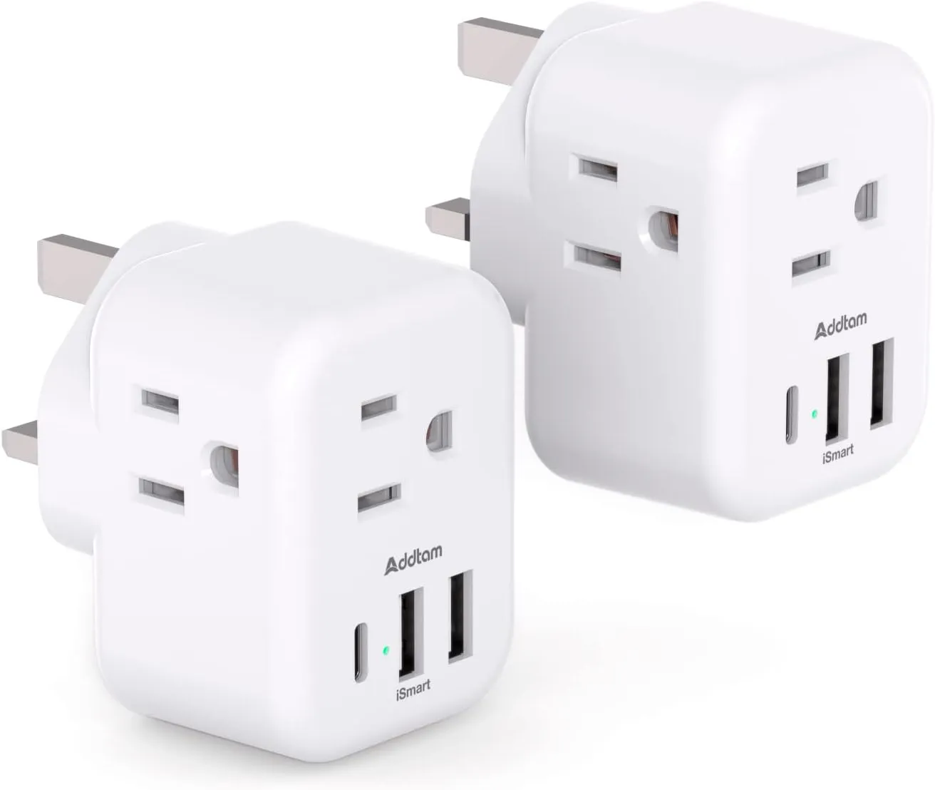 2 Pack US to UK Ireland Travel Plug Adapter, Addtam Type G Power Outlet Adapter with 3 AC Outlets and 3 USB, Travel Essentials for USA to Dubai Scotland British London England Hong Kong Irish
