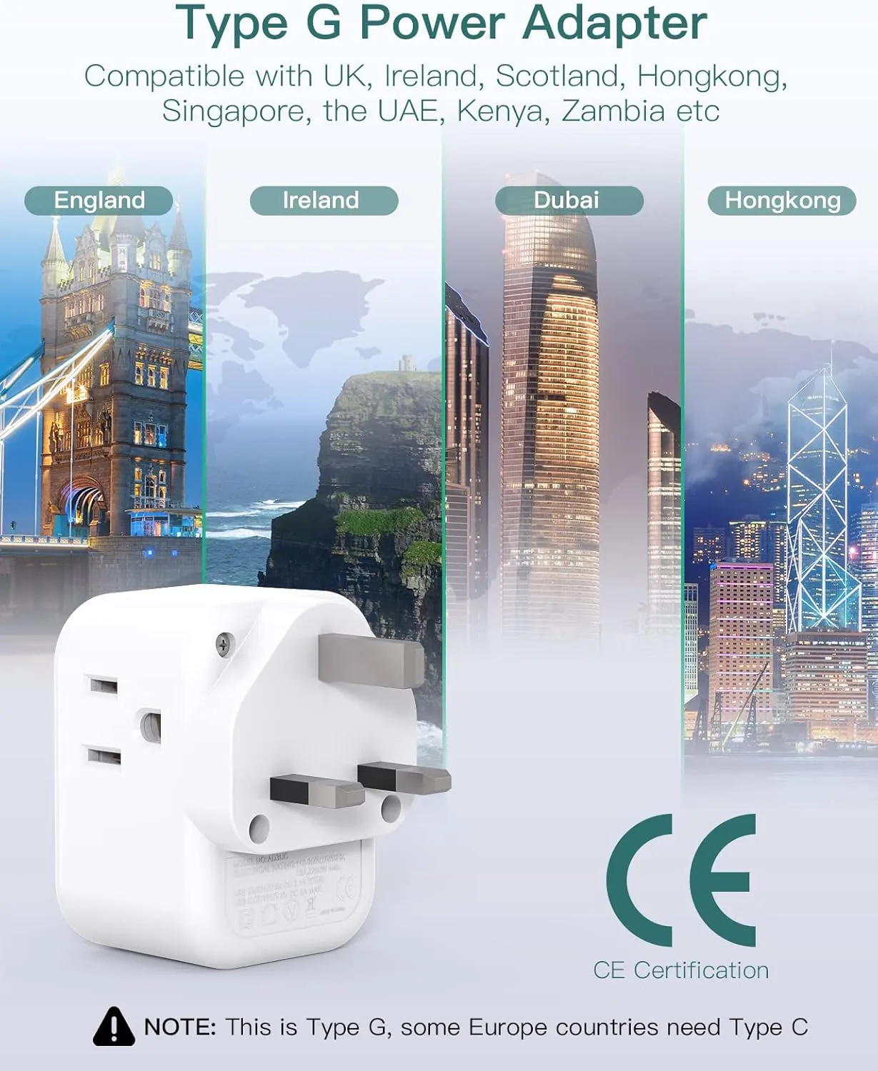 2 Pack US to UK Ireland Travel Plug Adapter, Addtam Type G Power Outlet Adapter with 3 AC Outlets and 3 USB, Travel Essentials for USA to Dubai Scotland British London England Hong Kong Irish