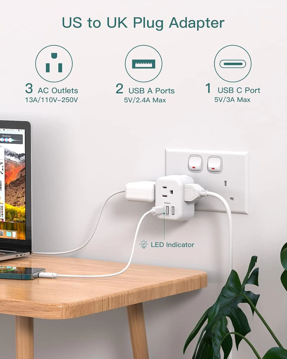 2 Pack US to UK Ireland Travel Plug Adapter, Addtam Type G Power Outlet Adapter with 3 AC Outlets and 3 USB, Travel Essentials for USA to Dubai Scotland British London England Hong Kong Irish