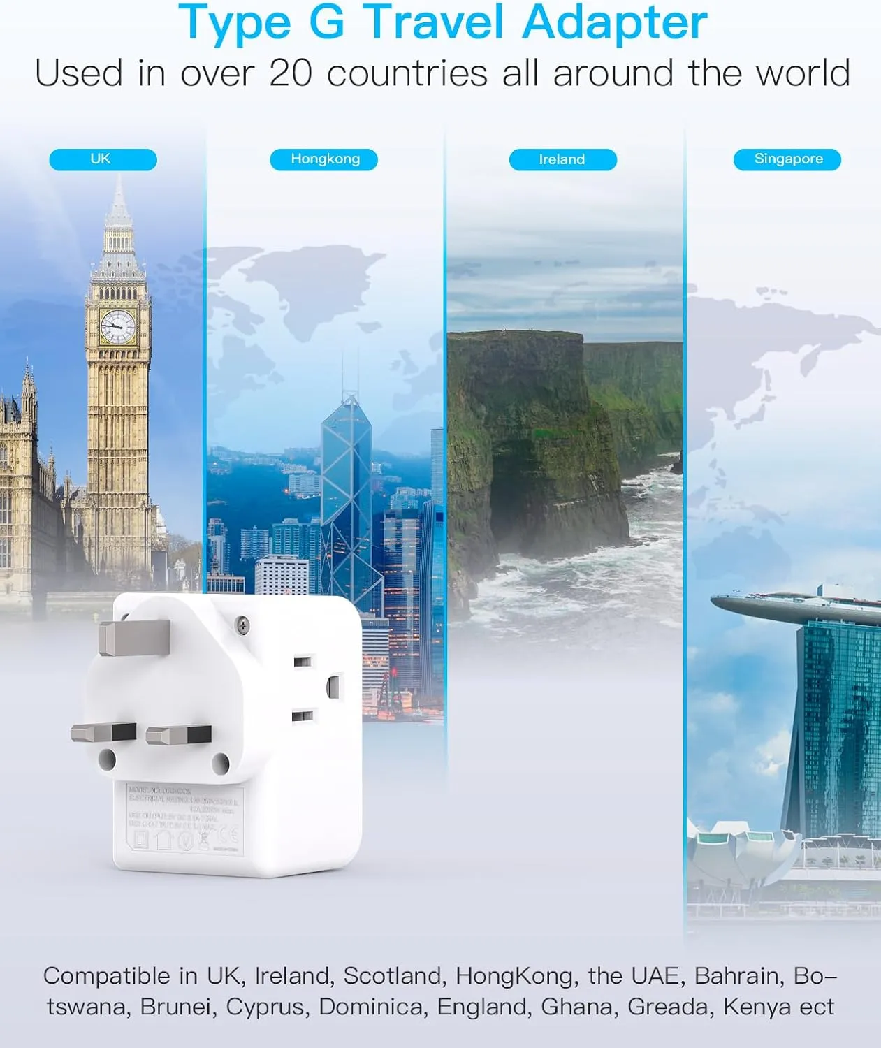 2 Pack US to UK Ireland Travel Plug Adapter, Type G Power Plug Adapter with 3 Outlets 3 USB Ports(2 USB C), European Travel Plug Adapter for USA to England London Scotland British Qatar Irish HongKong