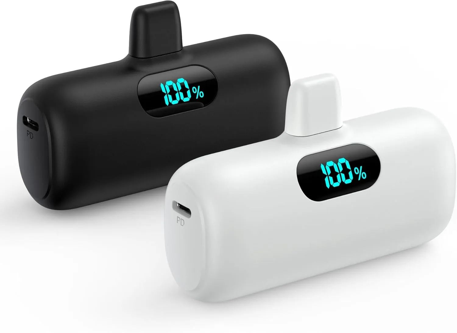 [2 Pack]Mini Portable Charger 5000mAh,Ultra-Compact 15W PD Fast Charging Power Bank,LCD Display Cute Battery Pack Backup Charger Compatible with iPhone 14/14 Pro Max/13/13 Pro/12/XR/8/7/6-Black White