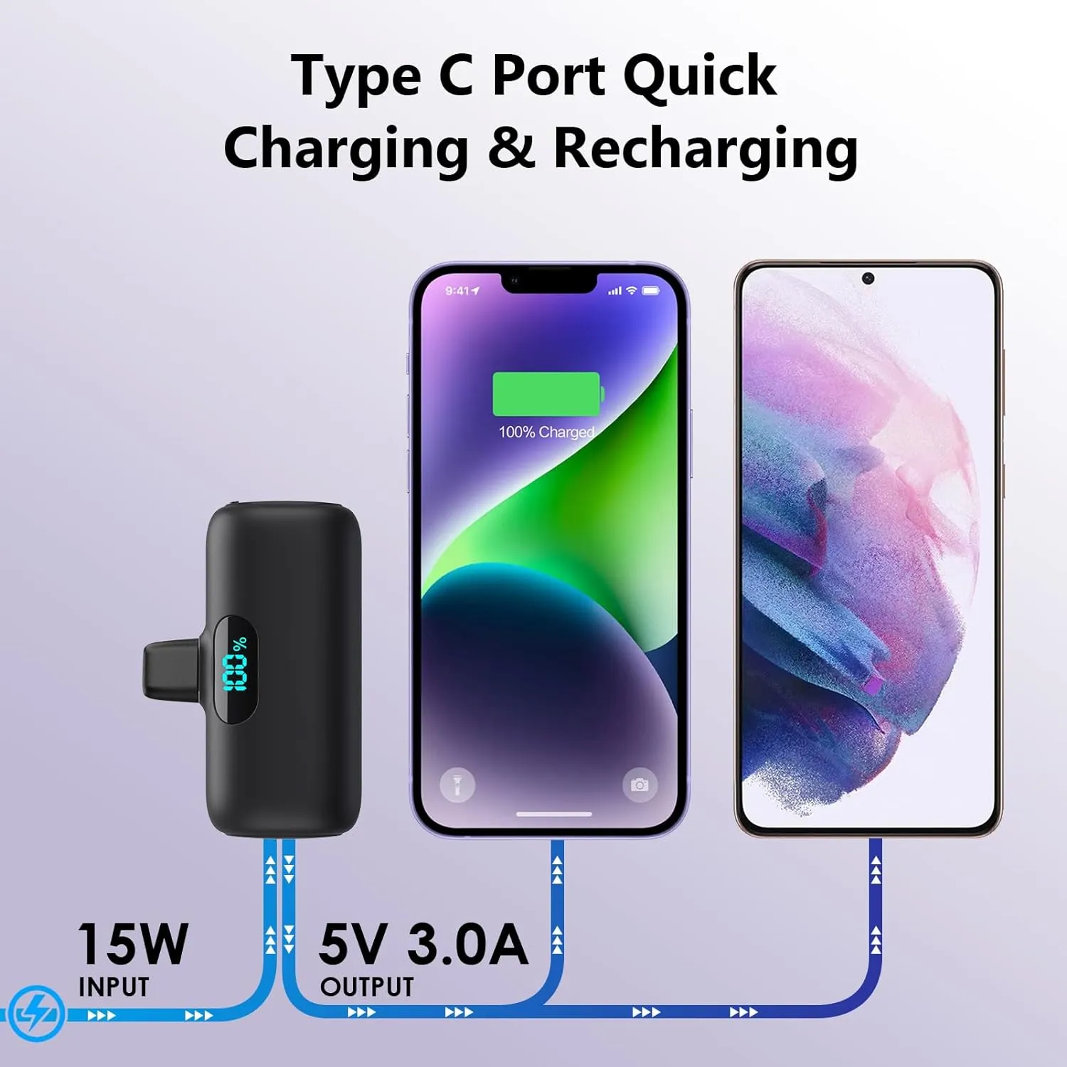 [2 Pack]Mini Portable Charger 5000mAh,Ultra-Compact 15W PD Fast Charging Power Bank,LCD Display Cute Battery Pack Backup Charger Compatible with iPhone 14/14 Pro Max/13/13 Pro/12/XR/8/7/6-Black White
