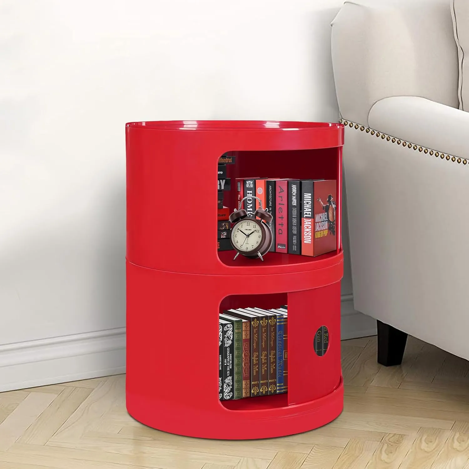 2 Tier Rounded Cabinet, Round Nightstand Detachable End Table with Storage Lightweight Side Table, Round End Table with Storage for Living Room Bedroom Bathroom Kitchen (Red)