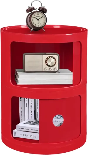 2 Tier Rounded Cabinet, Round Nightstand Detachable End Table with Storage Lightweight Side Table, Round End Table with Storage for Living Room Bedroom Bathroom Kitchen (Red)