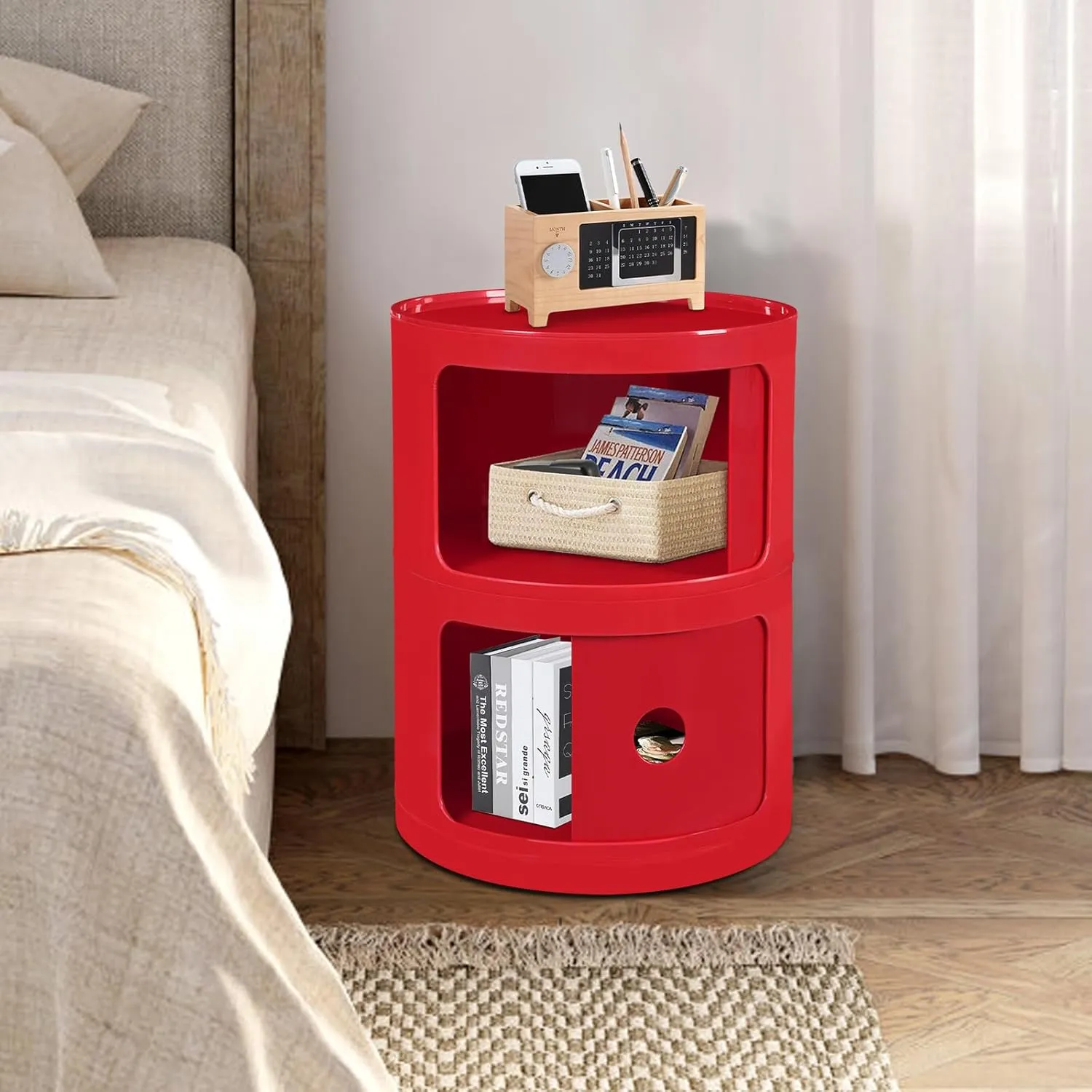 2 Tier Rounded Cabinet, Round Nightstand Detachable End Table with Storage Lightweight Side Table, Round End Table with Storage for Living Room Bedroom Bathroom Kitchen (Red)