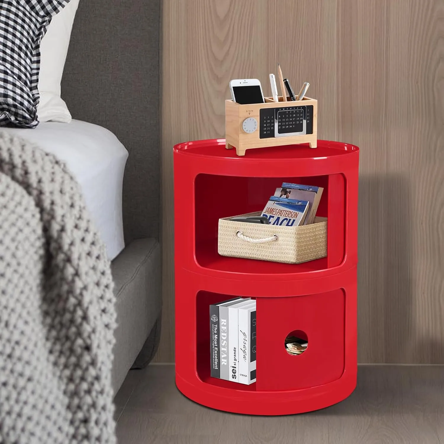 2 Tier Rounded Cabinet, Round Nightstand Detachable End Table with Storage Lightweight Side Table, Round End Table with Storage for Living Room Bedroom Bathroom Kitchen (Red)