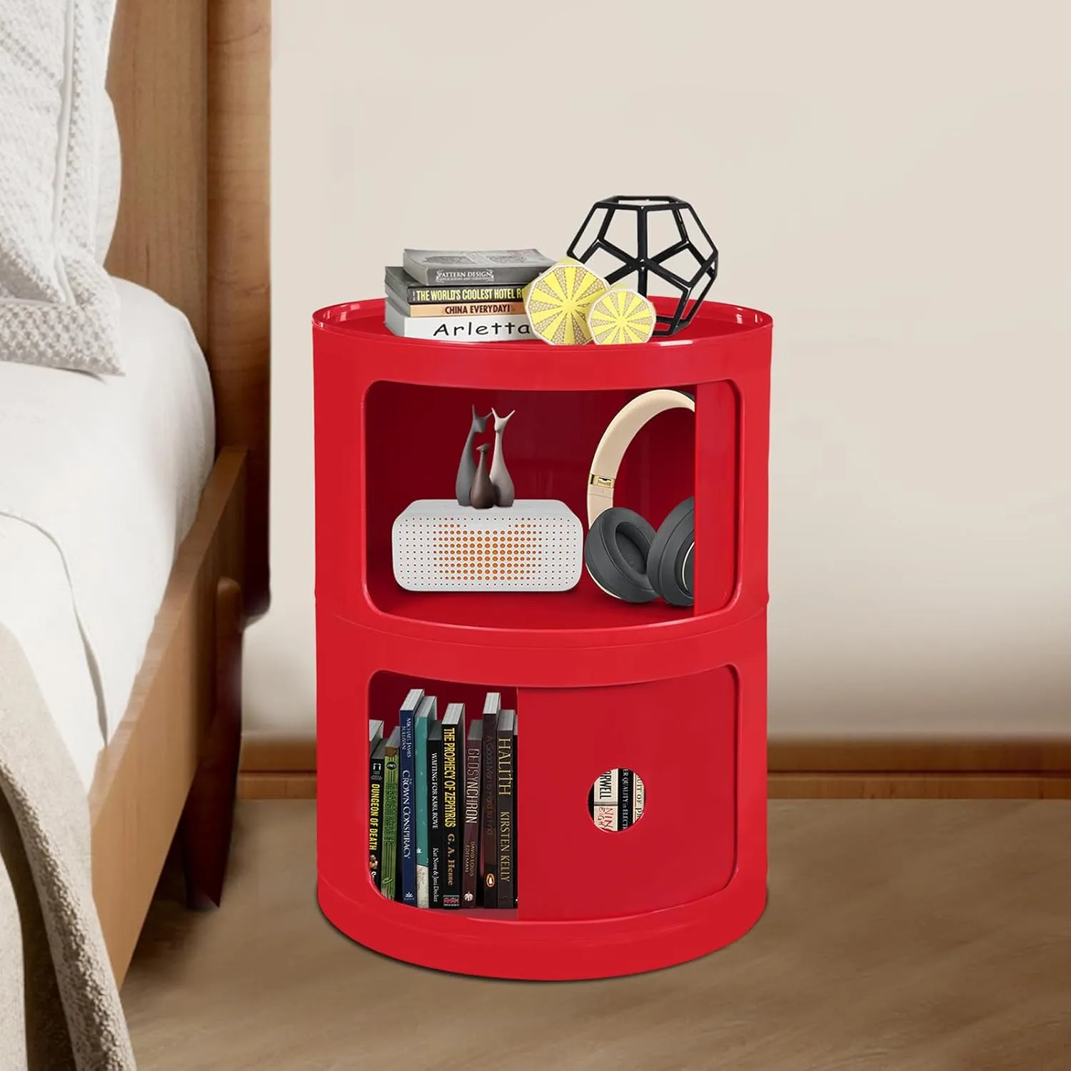 2 Tier Rounded Cabinet, Round Nightstand Detachable End Table with Storage Lightweight Side Table, Round End Table with Storage for Living Room Bedroom Bathroom Kitchen (Red)