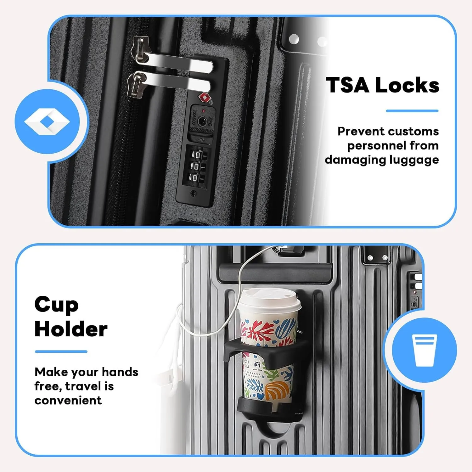 20 Inch Carry on Luggage Carry-on with Cup Holder & USB Port, Hardside Smart Luggage with Airline Approved TSA Lock, Lightweight carryon luggage 22 x 14 x 9 airline approved 360° Spinner Double Wheels