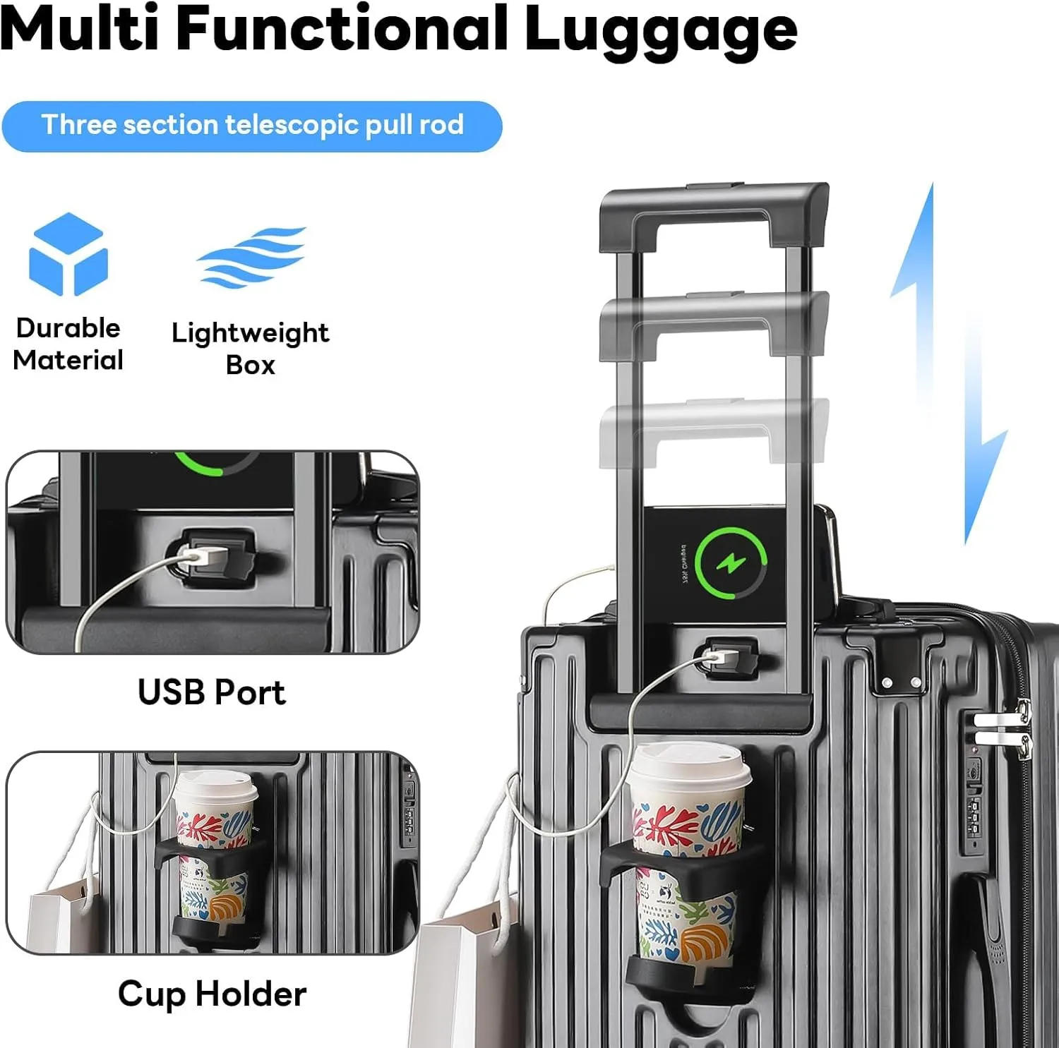20 Inch Carry on Luggage Carry-on with Cup Holder & USB Port, Hardside Smart Luggage with Airline Approved TSA Lock, Lightweight carryon luggage 22 x 14 x 9 airline approved 360° Spinner Double Wheels