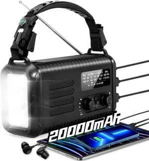 20000mAh / 74000mWh Emergency Crank Radio, NOAA/AM/FM Portable Weather Radio, Solar Hand Crank Radio, Battery Powered with USB Phone Charger, Flashlight Reading Lamp & SOS for Survival Camping (Black)