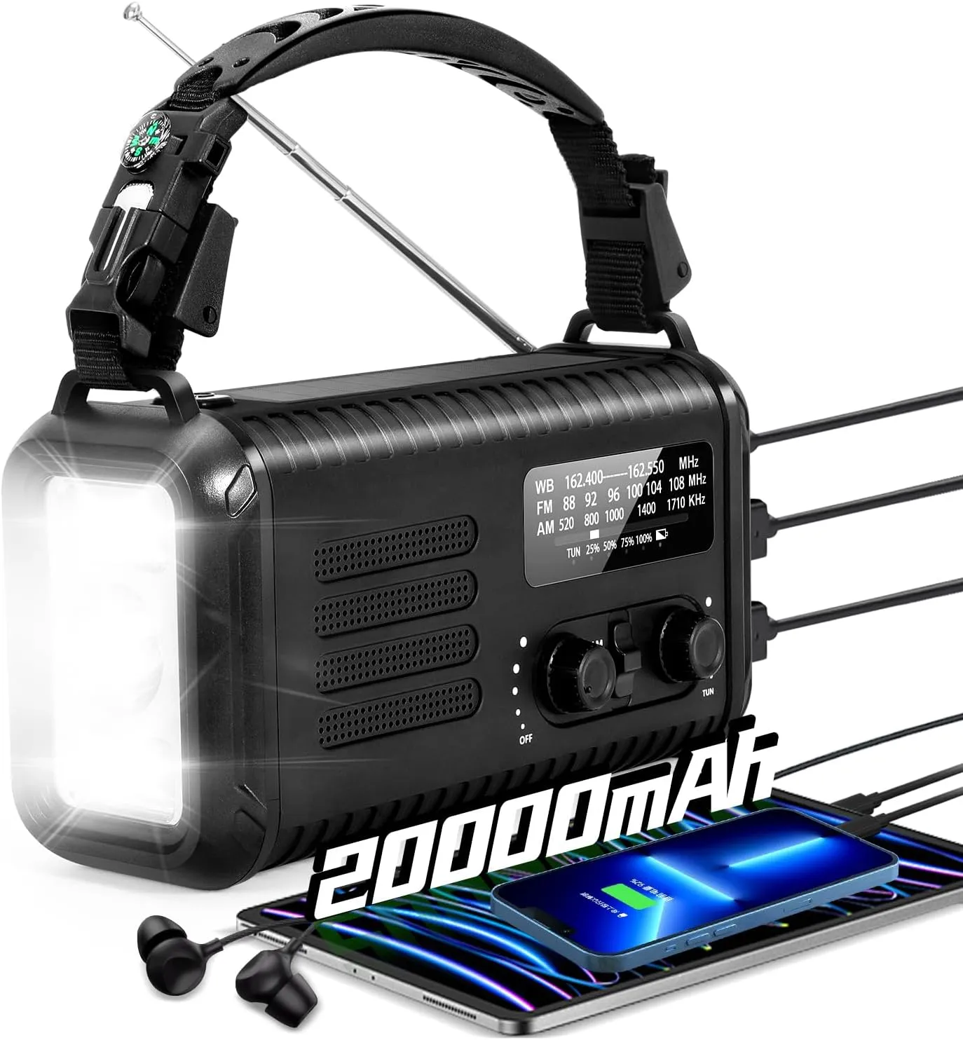 20000mAh / 74000mWh Emergency Crank Radio, NOAA/AM/FM Portable Weather Radio, Solar Hand Crank Radio, Battery Powered with USB Phone Charger, Flashlight Reading Lamp & SOS for Survival Camping (Black)
