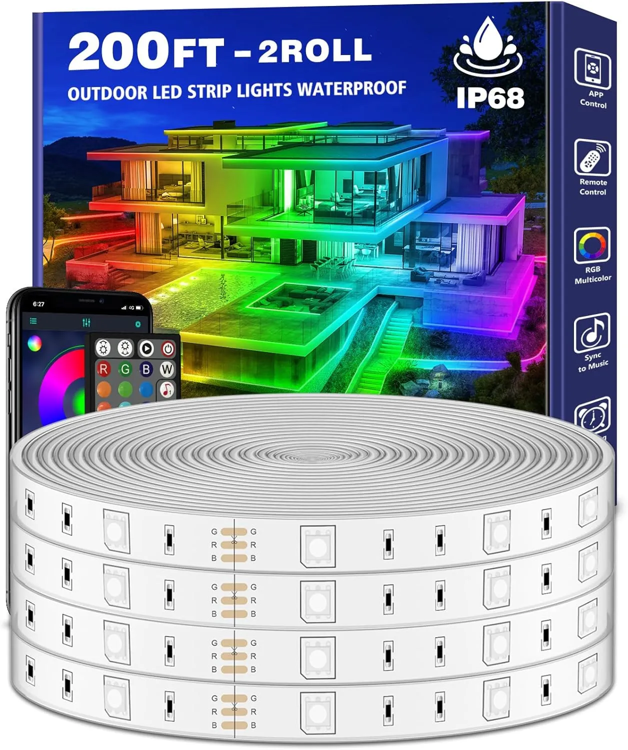 200ft Outdoor LED Strip Lights Waterproof 1 Roll,IP68 Outside Led Light Strips with App and Remote,Music Sync RGB Exterior Rope Self Adhesive Back for Deck,Balcony,Pool