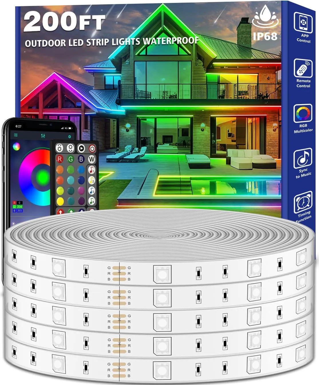 200ft Outdoor LED Strip Lights Waterproof,Music Sync RGB IP68 Outside Led Light Strips Waterproof with App and Remote,Exterior Led Rope Lights Waterproofs for Deck,Balcony,Roof,Garden,Pool (200FT)