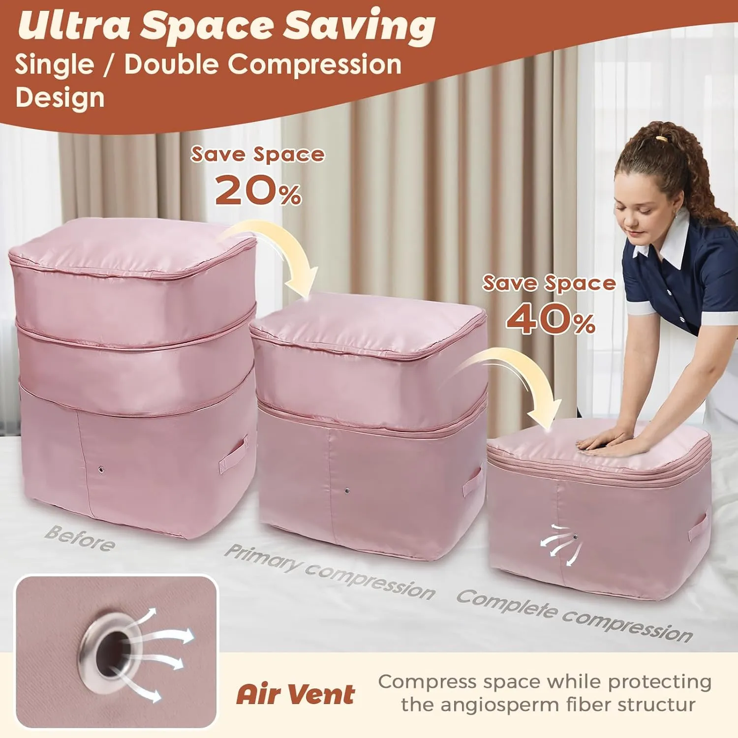 2025 Ultra Space Saving Self Compression Organizers, 2 Pack Double Zipper Compression Packing Cubes for Bedding, Comforter Storage Bag for Blankets Duvet Quilts Pillows Queen King (Pink, X-Large)