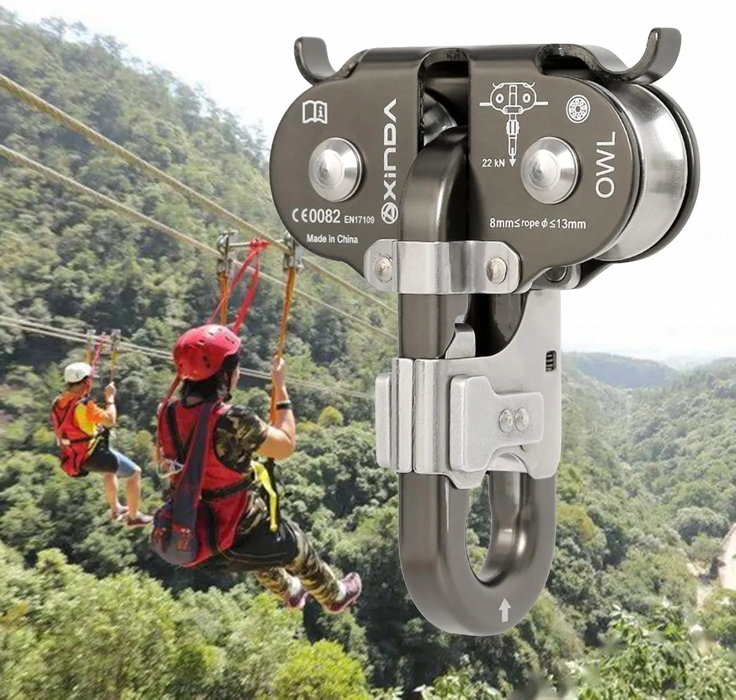22KN Rock Climbing Zip Line Cable Fast Speed Dual Pulley for Hauling Trucking(Grey)