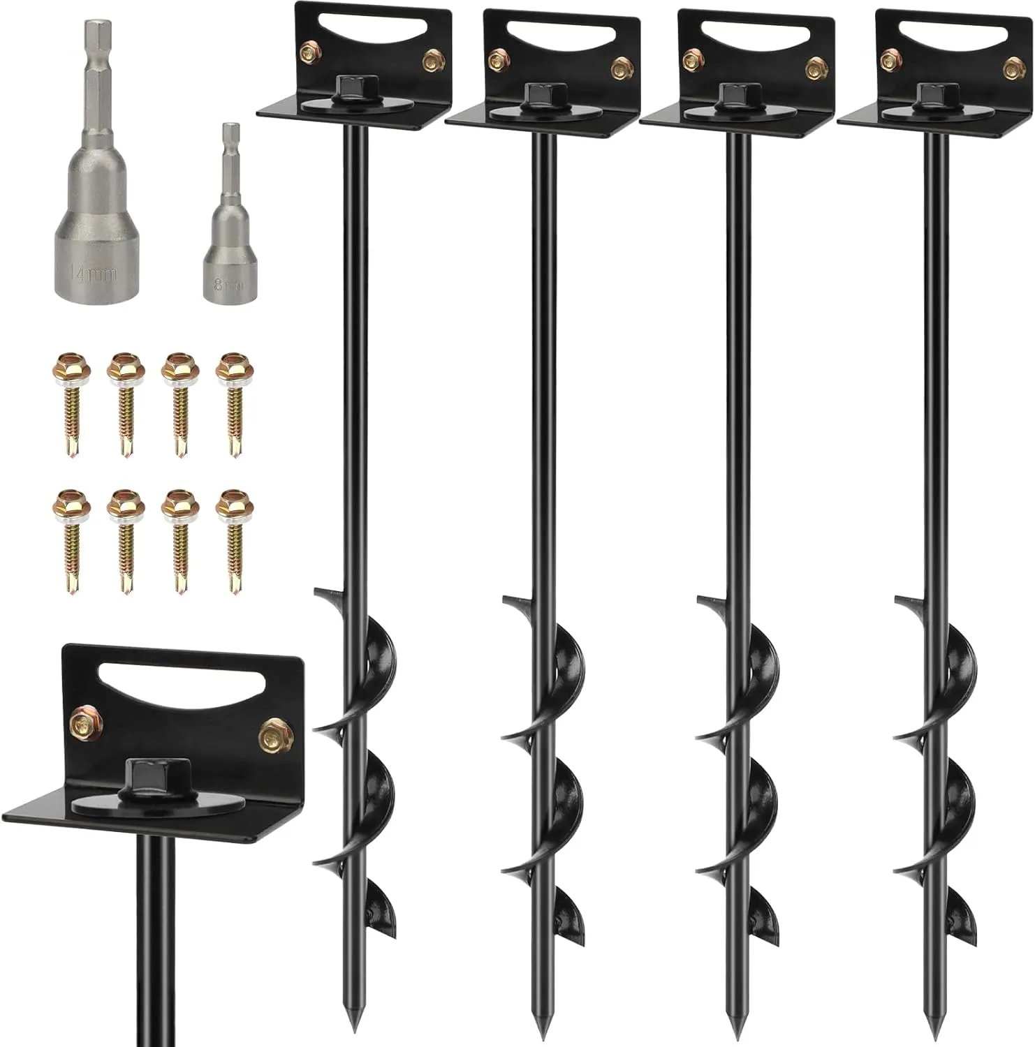 24'' Mobile Home Anchors, Set of 4 Ground Anchors Screw in with Brackets and Drill Bit Storage Shed Anchor Kit Swing Anchor Kits Heavy Duty Spiral Garden Earth Anchors for Trampoline Fence