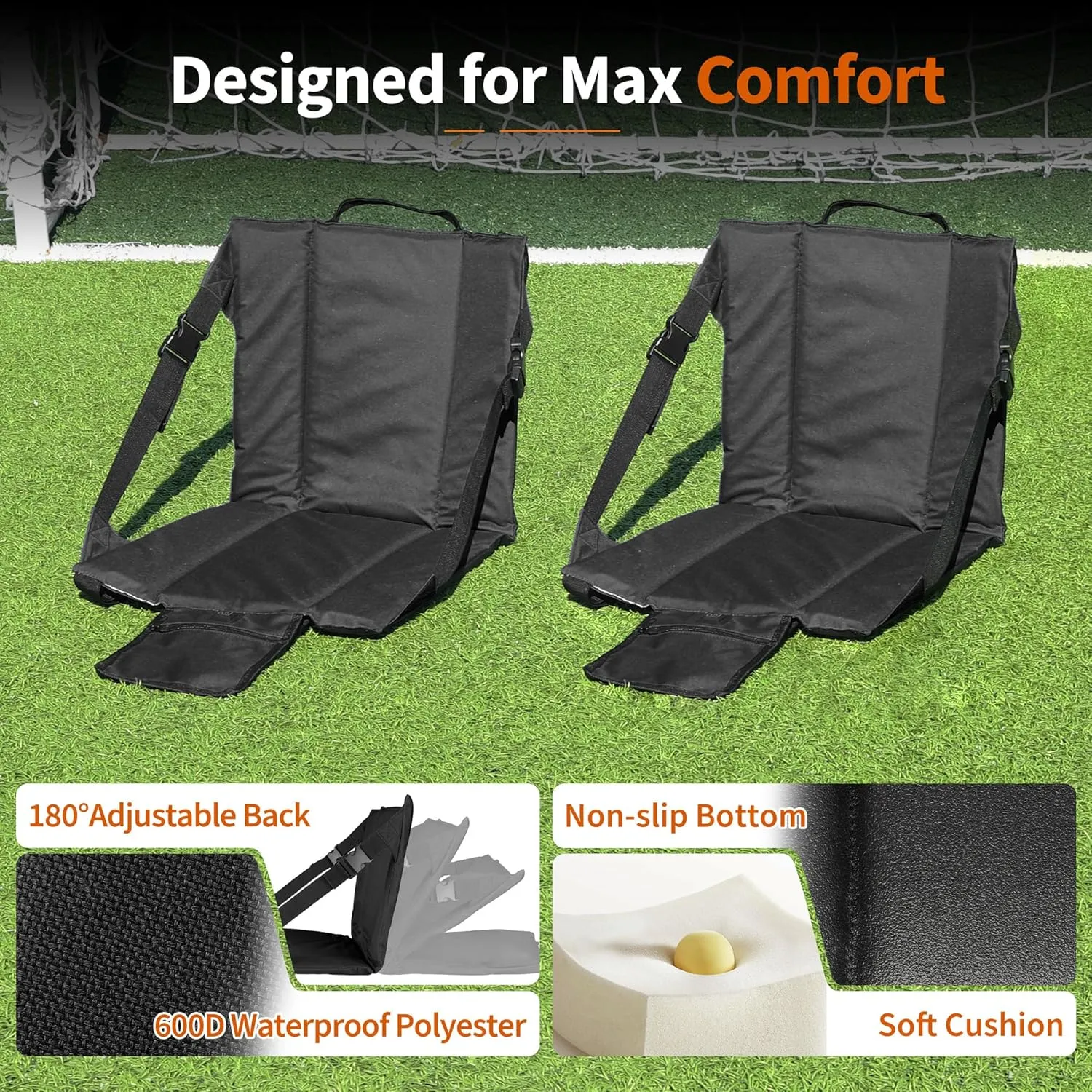 2PCS Portable Stadium Seat Cushion for Bleachers,Folding Lightweight Seat with Backrest,Adjustable Straps,Ideal for Camping,Hiking,Sports Events,Outdoor Concerts