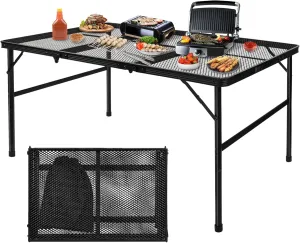3-Fold Folding Camping Table with Mesh Desktop, Lightweight & Portable Foldable Table, Height Adjustable Grill Table for Picnic Beach Party Indoor Outdoor BBQ