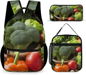 3-in-1 Backpack Combo Set, Nutritious Vegetables Print Backpack And Lunch-bag Backpack with Lunch Bag 3 Piece Set Backpack Lunch Bag Combo