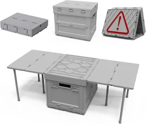 3 in 1 Compact Camp Table Deck Box with Parking Warning Sign Function Portable Low Picnic Beach Table Small Folding Camping Table for Indoor Outdoor,Camping, Beach, BBQ Grey