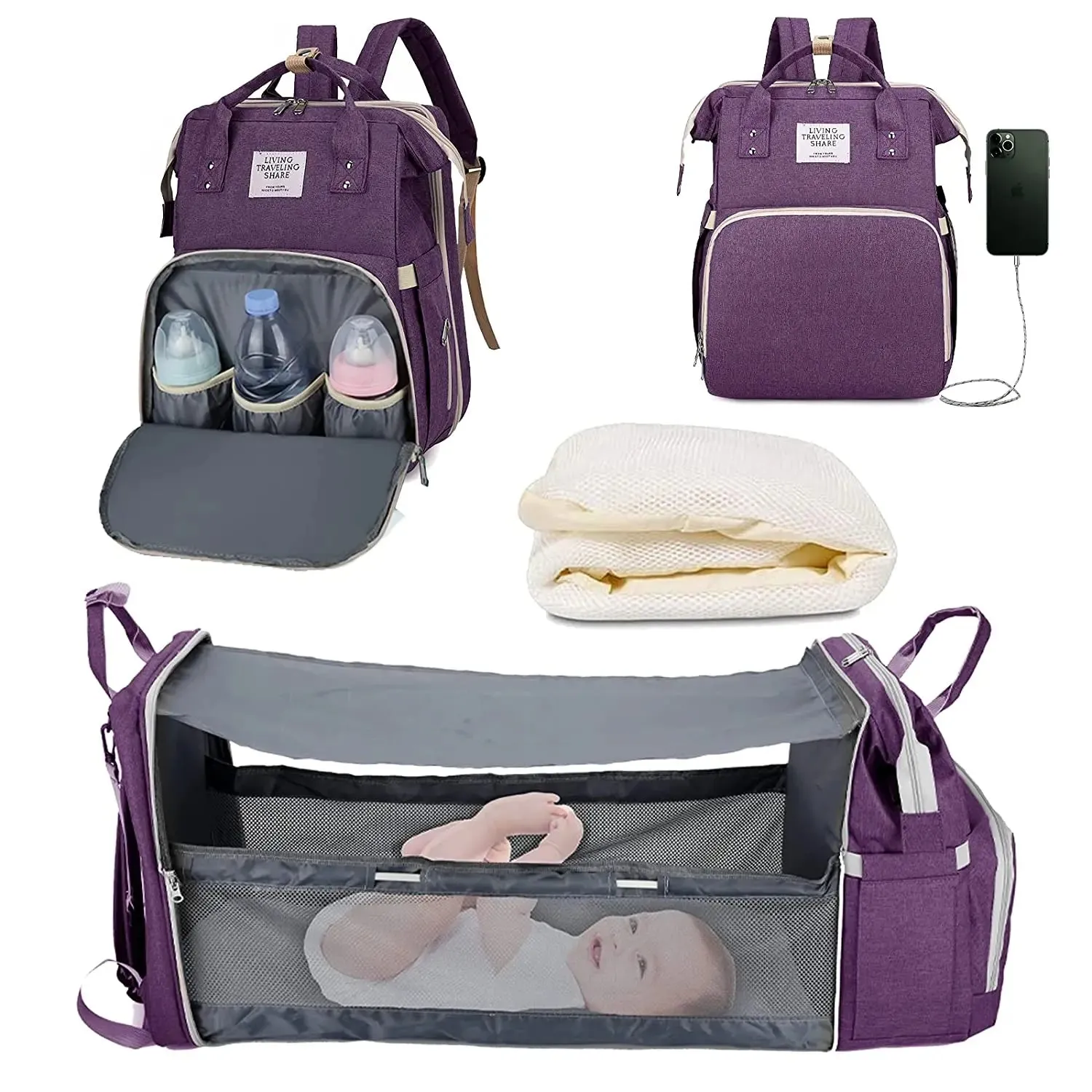 3 In 1 Diaper Bag Backpack Foldable Baby Bed Waterproof Travel Bag with USB Charge and Changing Bed