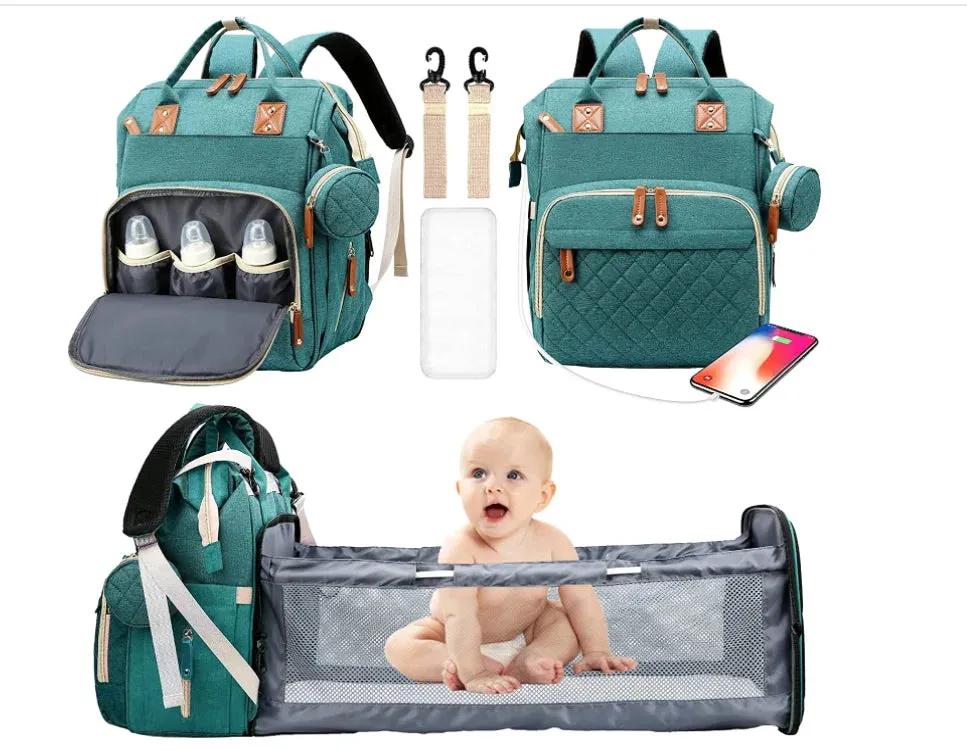 3 In 1 Diaper Bag Backpack Foldable Baby Bed Waterproof Travel Bag with USB Charge and Changing Bed