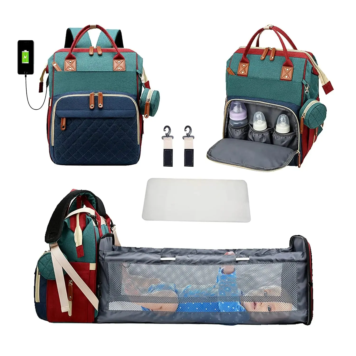 3 In 1 Diaper Bag Backpack Foldable Baby Bed Waterproof Travel Bag with USB Charge and Changing Bed