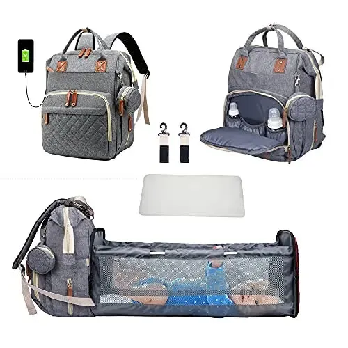 3 In 1 Diaper Bag Backpack Foldable Baby Bed Waterproof Travel Bag with USB Charge and Changing Bed
