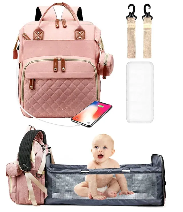 3 In 1 Diaper Bag Backpack Foldable Baby Bed Waterproof Travel Bag with USB Charge and Changing Bed