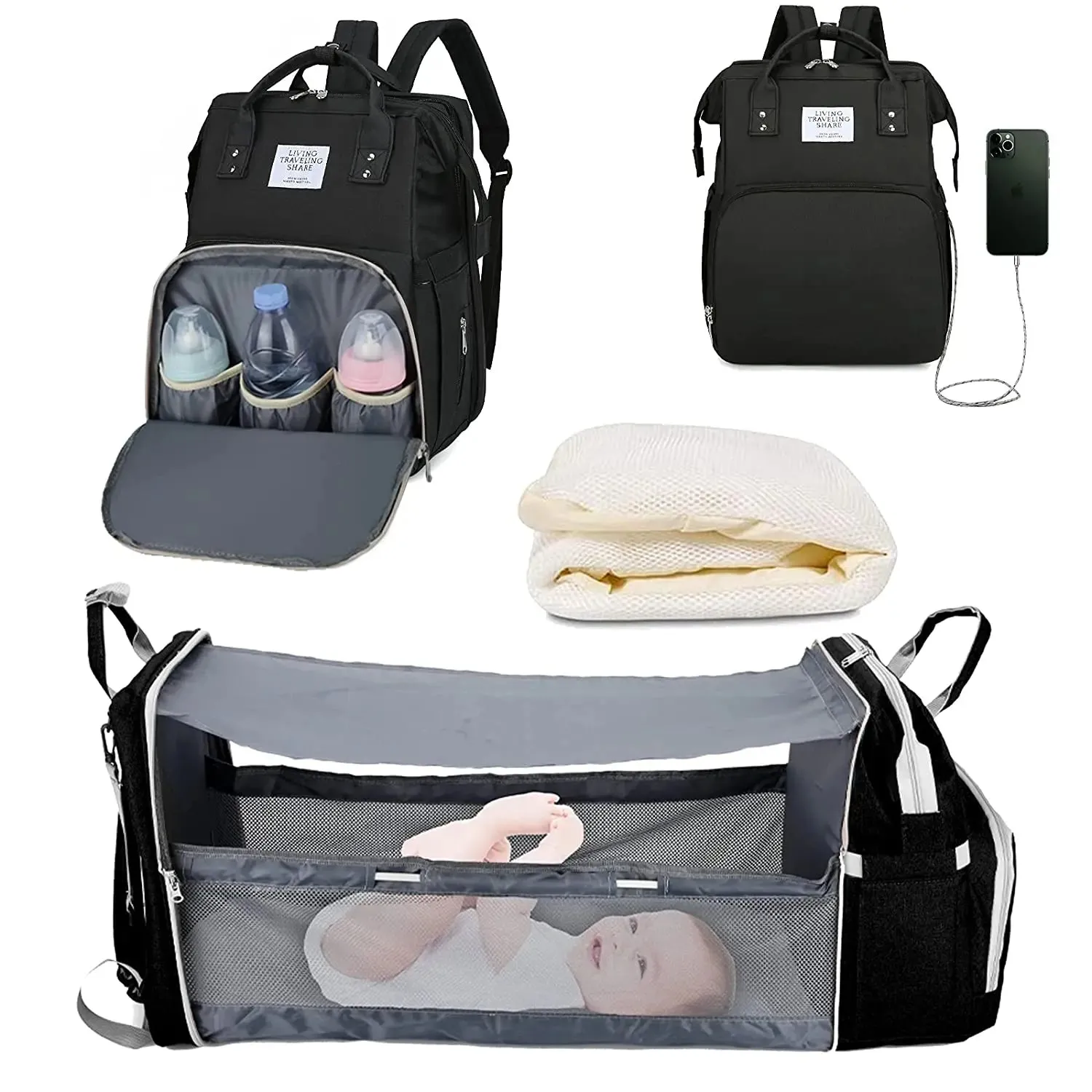 3 In 1 Diaper Bag Backpack Foldable Baby Bed Waterproof Travel Bag with USB Charge and Changing Bed