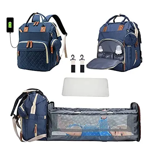 3 In 1 Diaper Bag Backpack Foldable Baby Bed Waterproof Travel Bag with USB Charge and Changing Bed