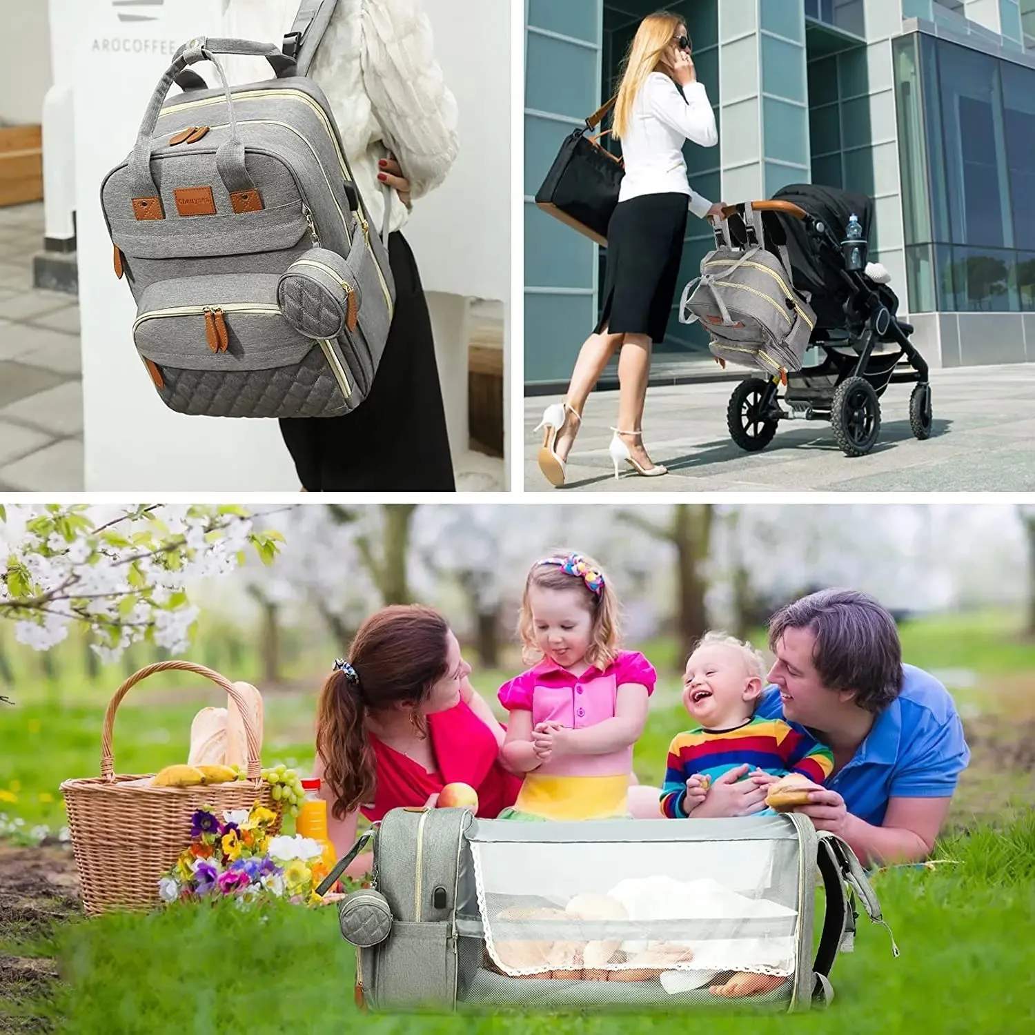 3 In 1 Diaper Bag Backpack Foldable Baby Bed Waterproof Travel Bag with USB Charge and Changing Bed