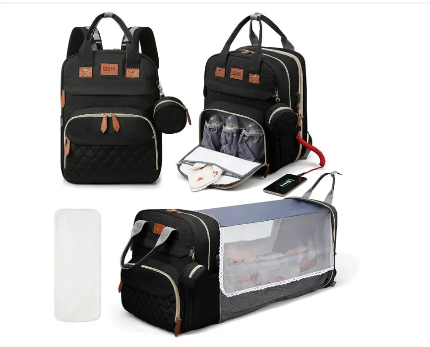 3 In 1 Diaper Bag Backpack Foldable Baby Bed Waterproof Travel Bag with USB Charge and Changing Bed