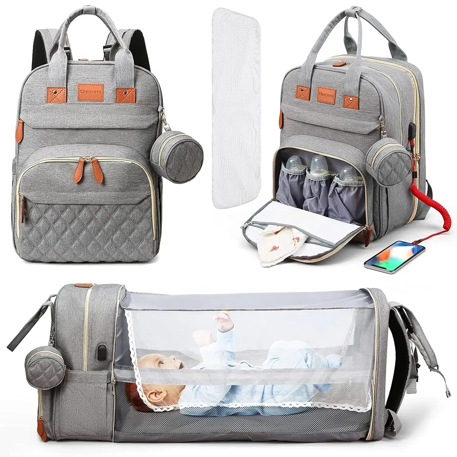 3 In 1 Diaper Bag Backpack Foldable Baby Bed Waterproof Travel Bag with USB Charge and Changing Bed