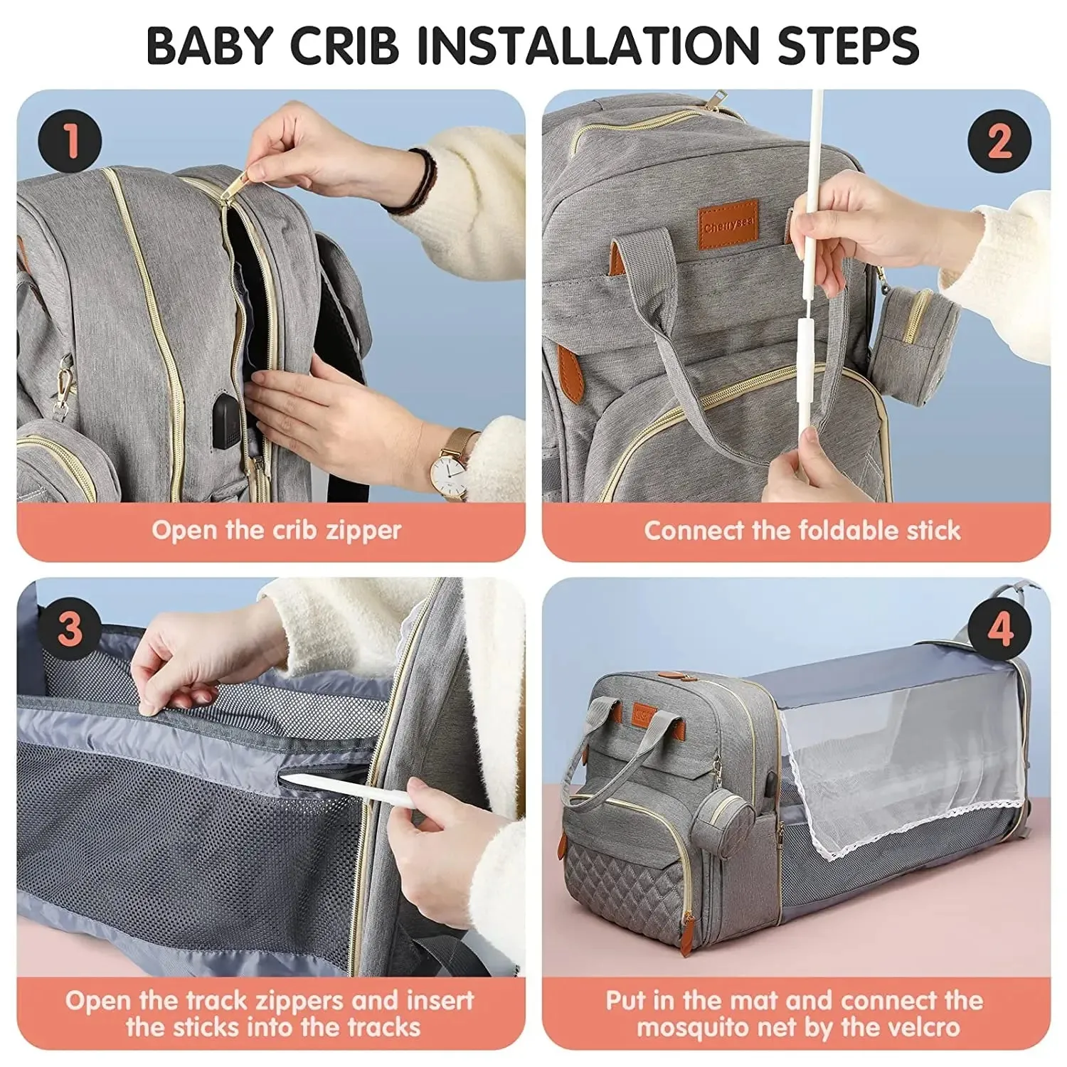 3 In 1 Diaper Bag Backpack Foldable Baby Bed Waterproof Travel Bag with USB Charge and Changing Bed