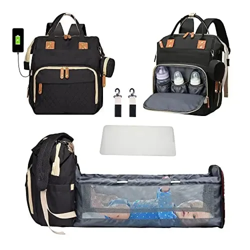 3 In 1 Diaper Bag Backpack Foldable Baby Bed Waterproof Travel Bag with USB Charge and Changing Bed