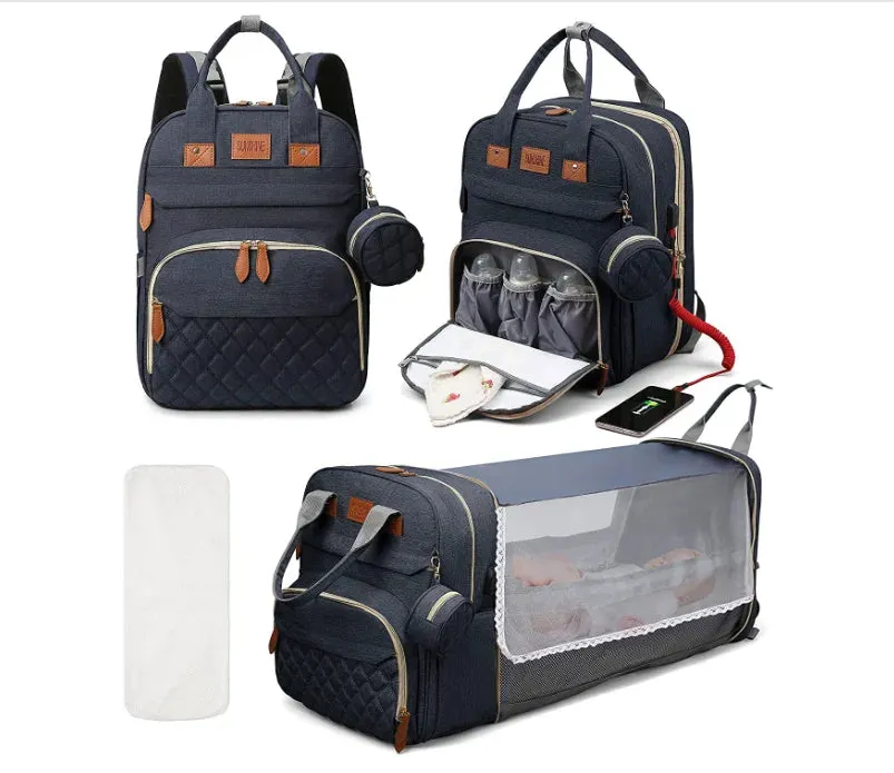 3 In 1 Diaper Bag Backpack Foldable Baby Bed Waterproof Travel Bag with USB Charge and Changing Bed