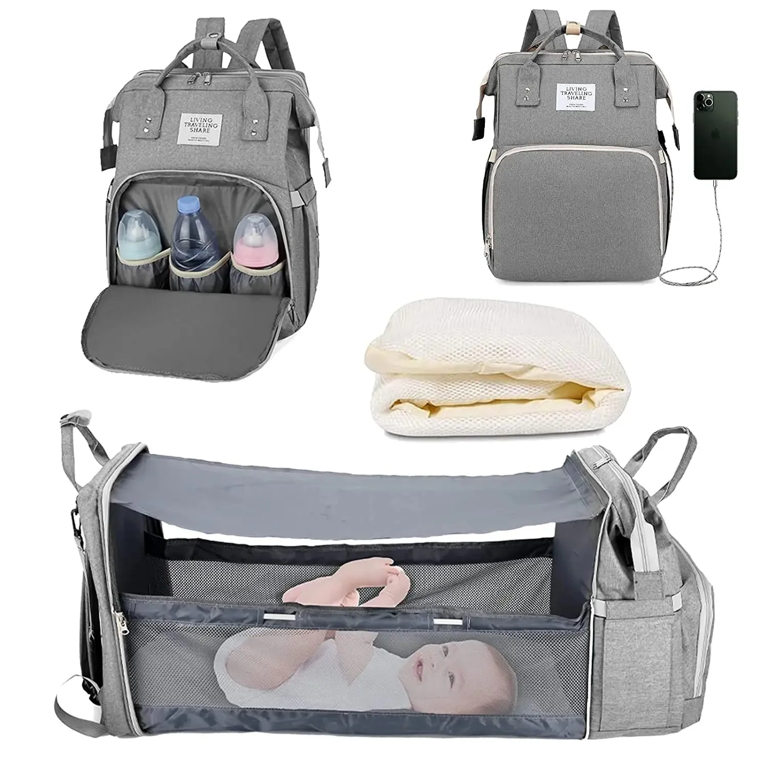 3 In 1 Diaper Bag Backpack Foldable Baby Bed Waterproof Travel Bag with USB Charge and Changing Bed