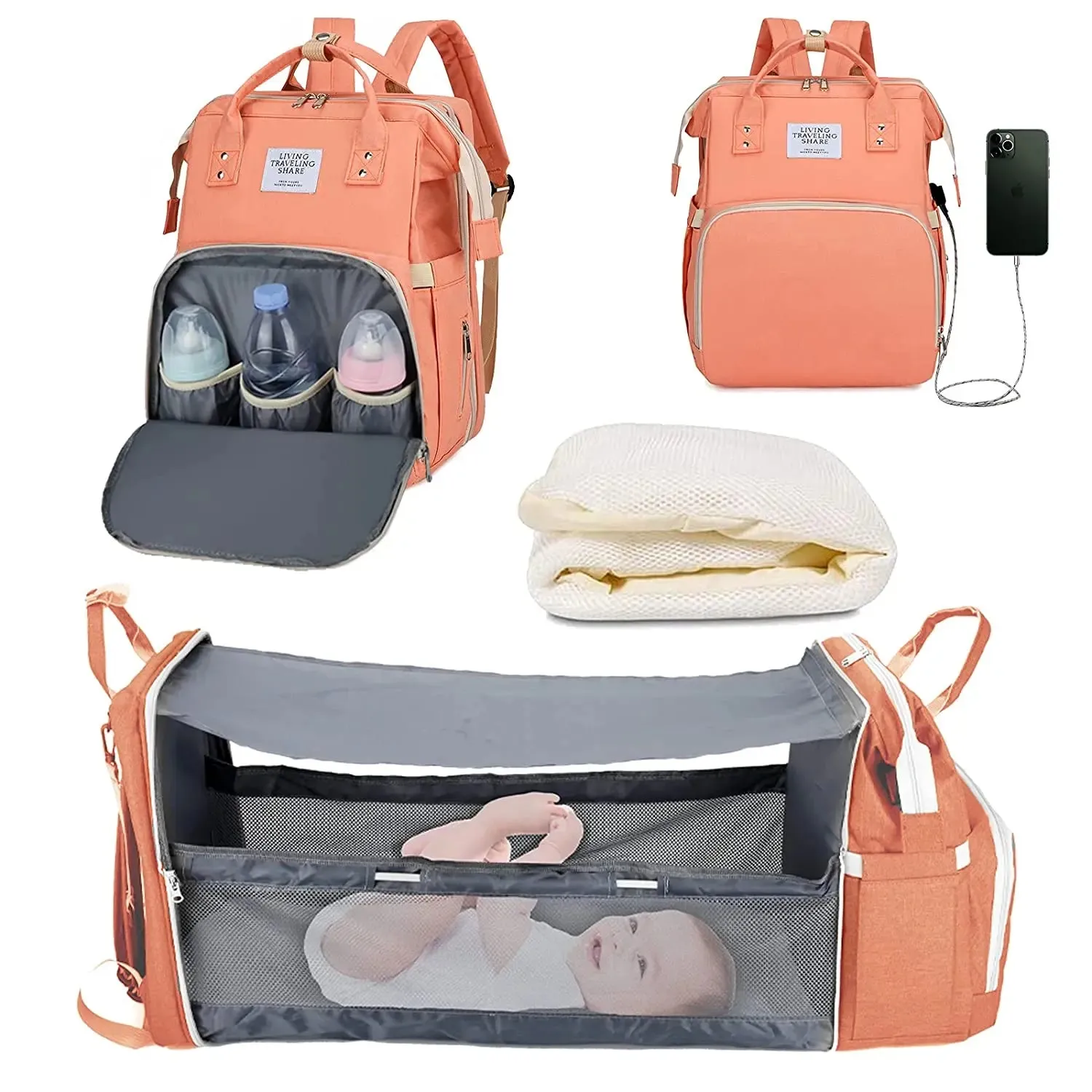 3 In 1 Diaper Bag Backpack Foldable Baby Bed Waterproof Travel Bag with USB Charge and Changing Bed