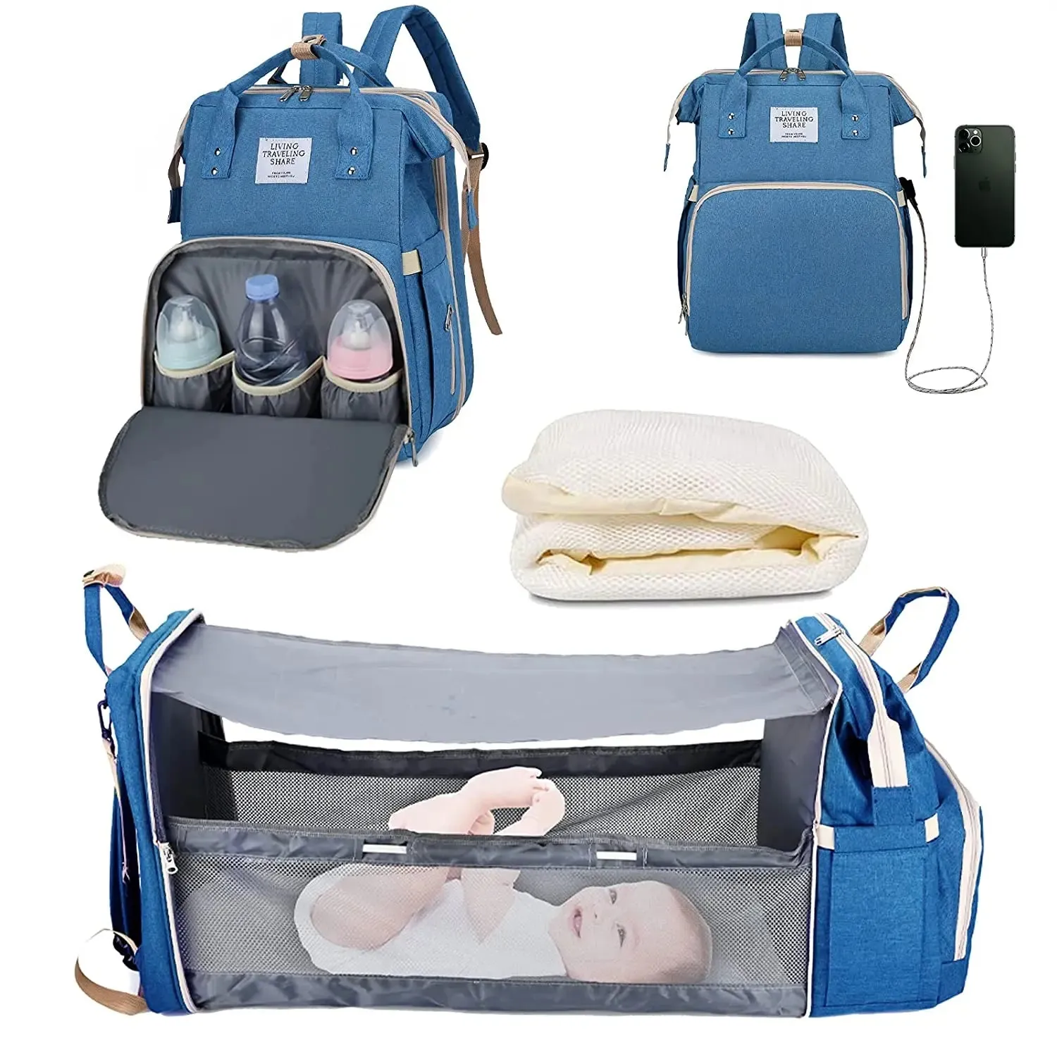 3 In 1 Diaper Bag Backpack Foldable Baby Bed Waterproof Travel Bag with USB Charge and Changing Bed