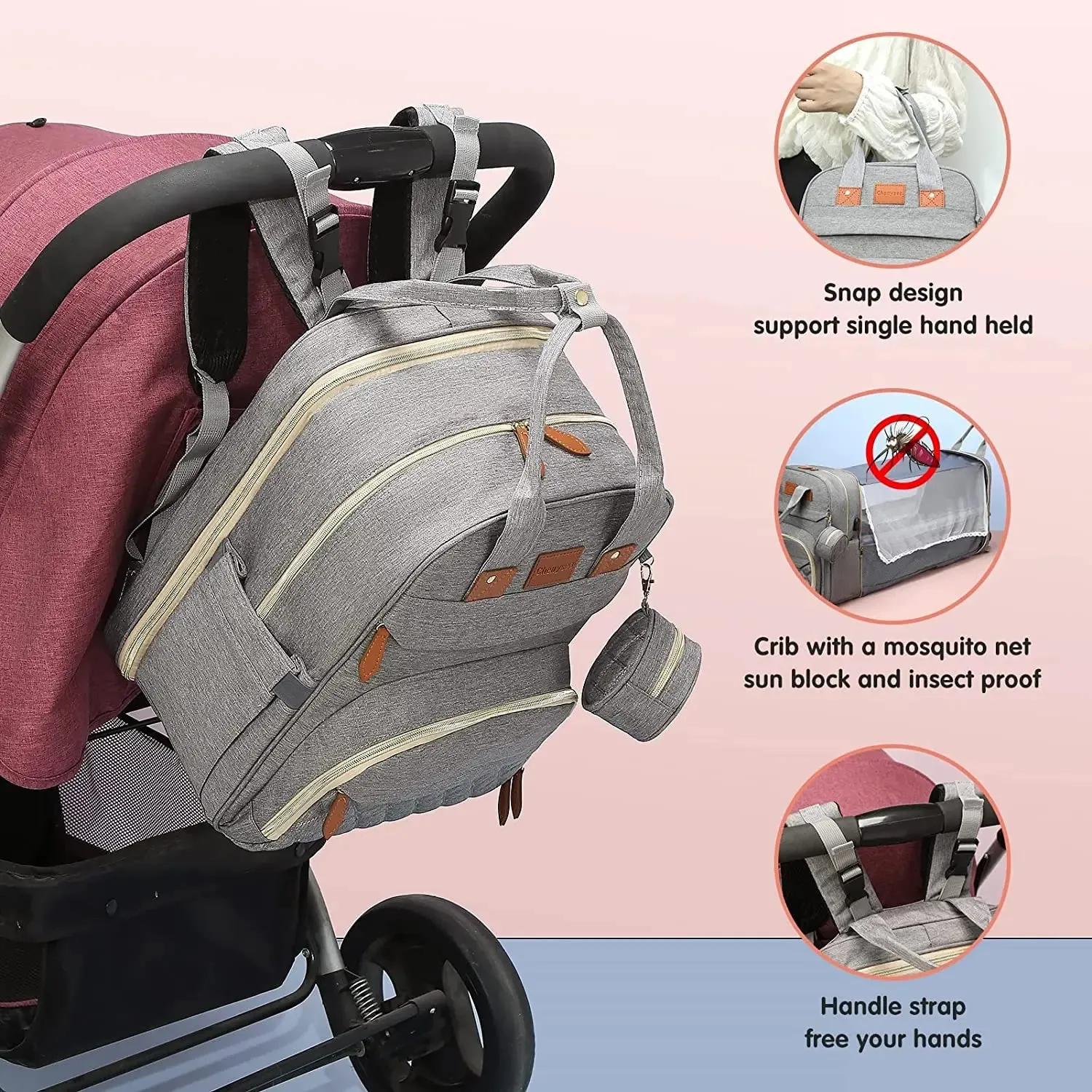 3 In 1 Diaper Bag Backpack Foldable Baby Bed Waterproof Travel Bag with USB Charge and Changing Bed