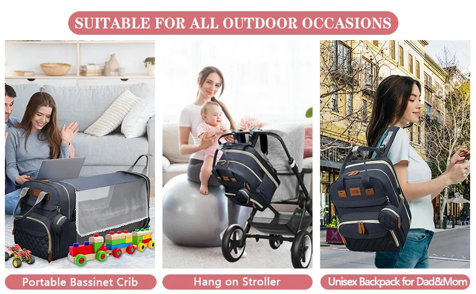 3 In 1 Diaper Bag Backpack Foldable Baby Bed Waterproof Travel Bag with USB Charge and Changing Bed
