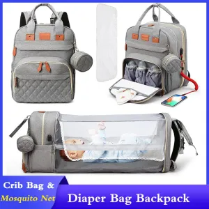 3 In 1 Diaper Bag Backpack Foldable Baby Bed Waterproof Travel Bag with USB Charge and Changing Bed