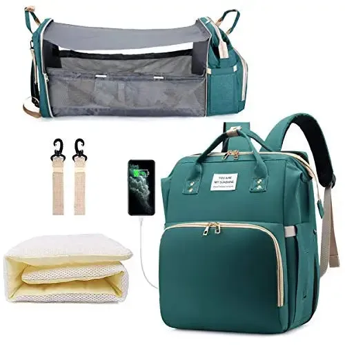 3 In 1 Diaper Bag Backpack Foldable Baby Bed Waterproof Travel Bag with USB Charge and Changing Bed