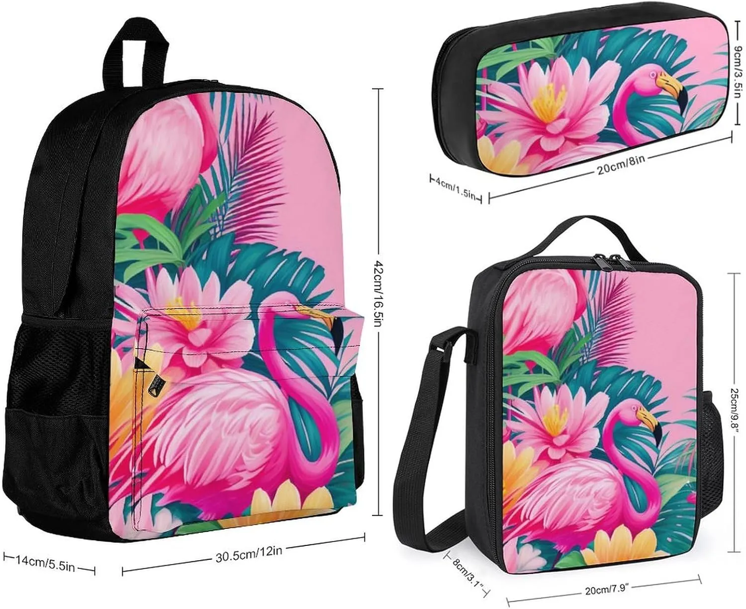 3 Piece Daypack Large Capacity Bookbag Backpack for High Outdoors Running - Flamingos Flower Palm Pink Summer Holiday Art, Travel Hiking Backpack,Lunch Bag and Pencil Bag, One Size