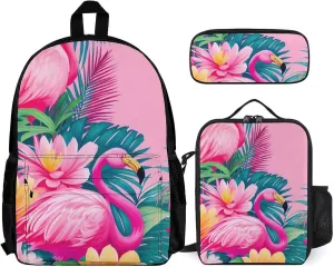 3 Piece Daypack Large Capacity Bookbag Backpack for High Outdoors Running - Flamingos Flower Palm Pink Summer Holiday Art, Travel Hiking Backpack,Lunch Bag and Pencil Bag, One Size
